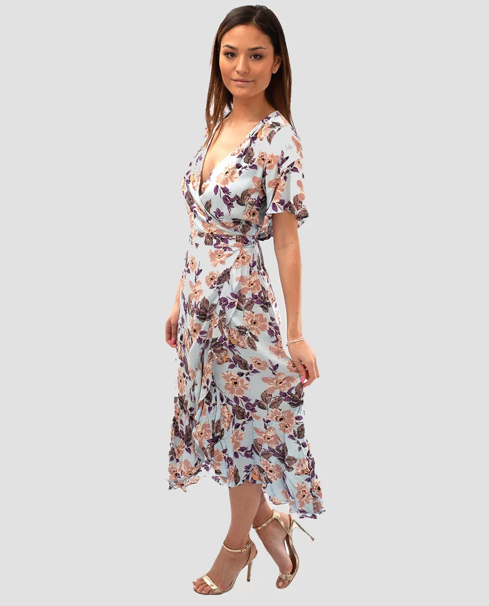 SEVEN WONDERS PURPLE FLORAL MAXI WRAP DRESS