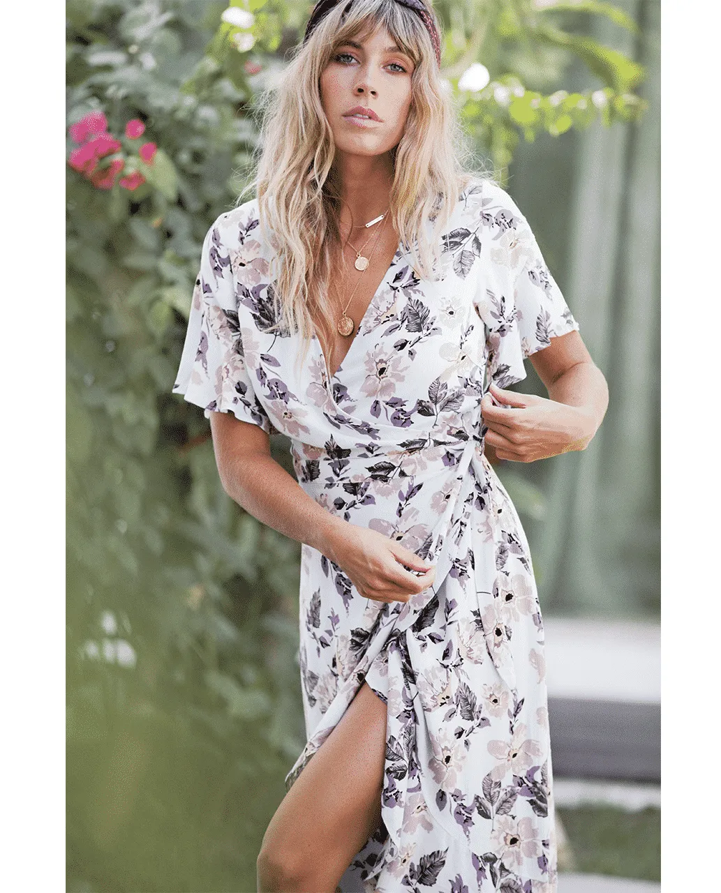 SEVEN WONDERS PURPLE FLORAL MAXI WRAP DRESS