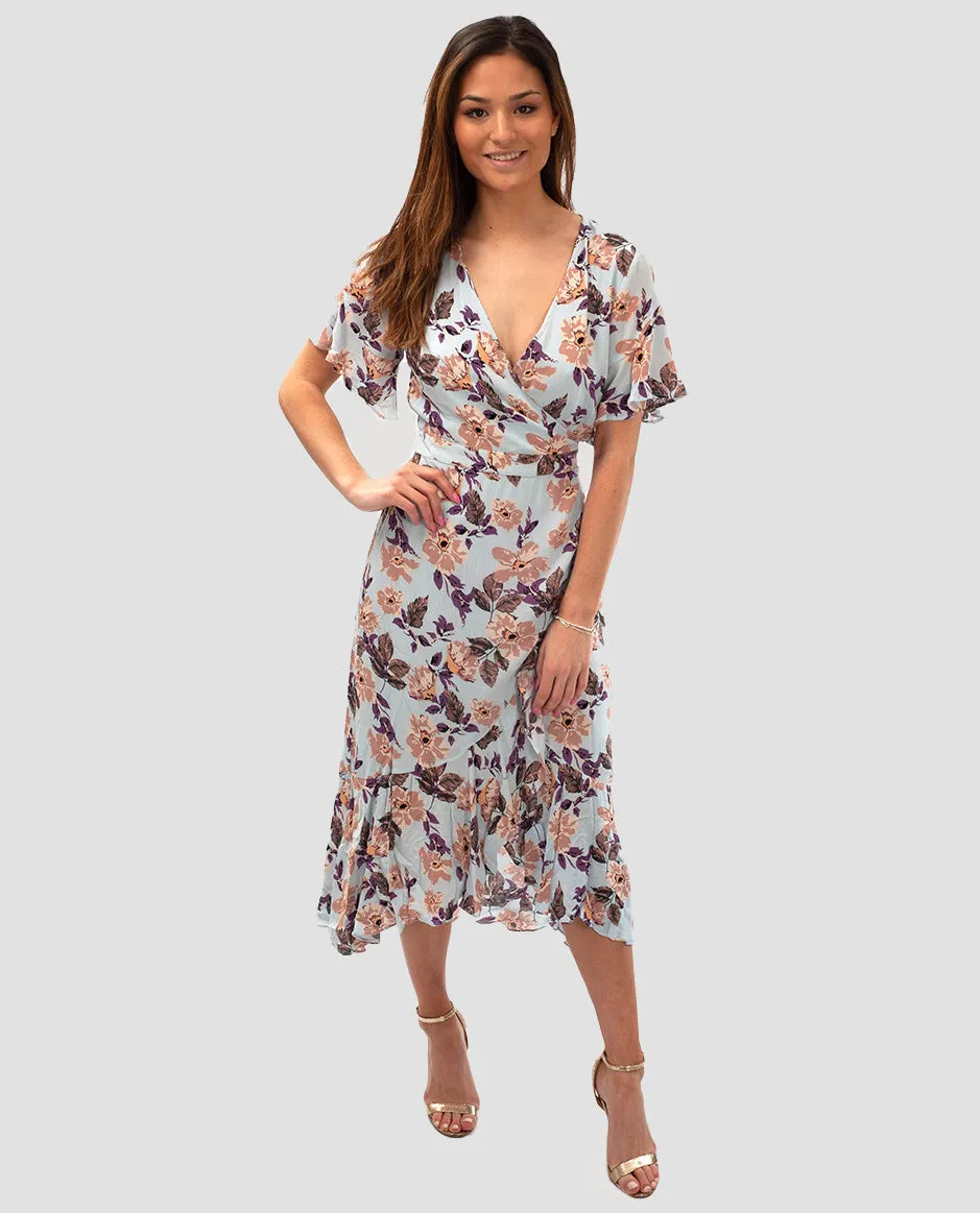 SEVEN WONDERS PURPLE FLORAL MAXI WRAP DRESS