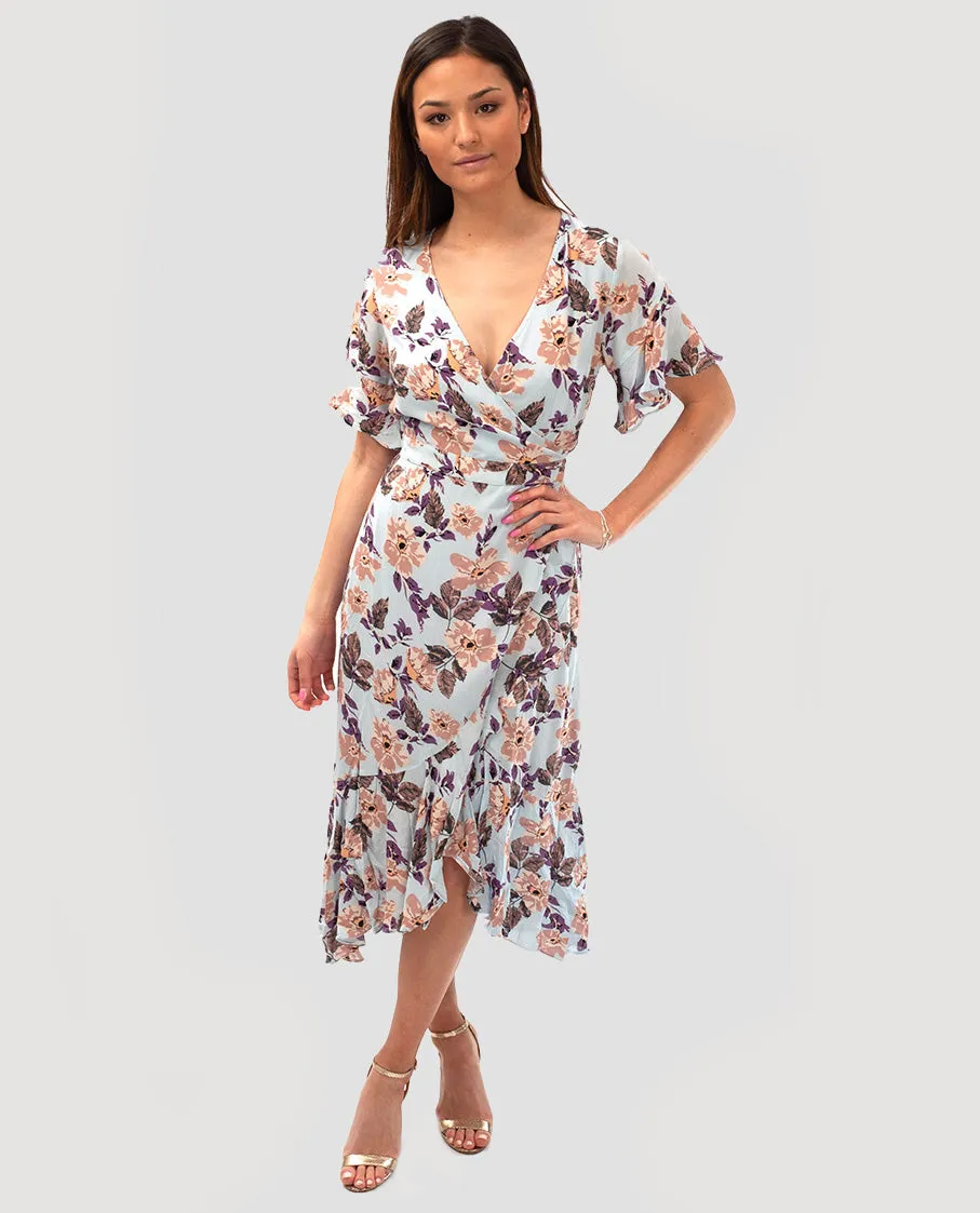 SEVEN WONDERS PURPLE FLORAL MAXI WRAP DRESS