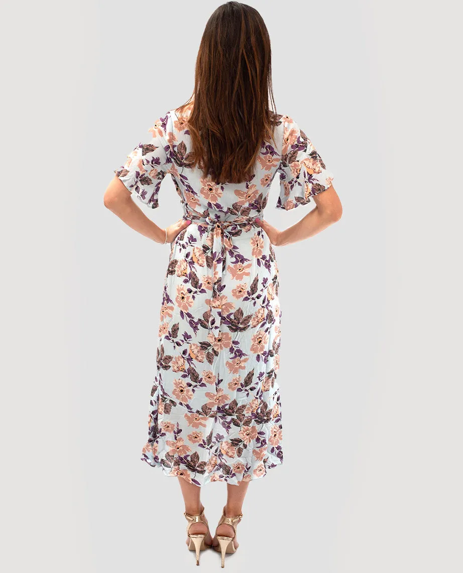SEVEN WONDERS PURPLE FLORAL MAXI WRAP DRESS