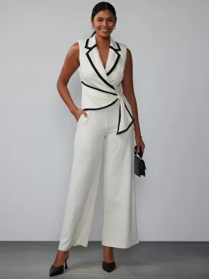 Sleeveless Piped Lapel Wrap Jumpsuit