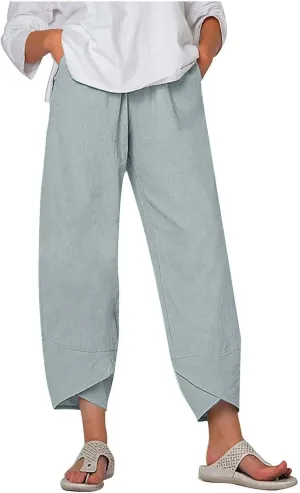 SMIDOW Capri Pants for Women Cotton Linen Wide Leg Capris Casual Summer Cropped Pants Beach Elastic Waist Baggy Crop Trousers