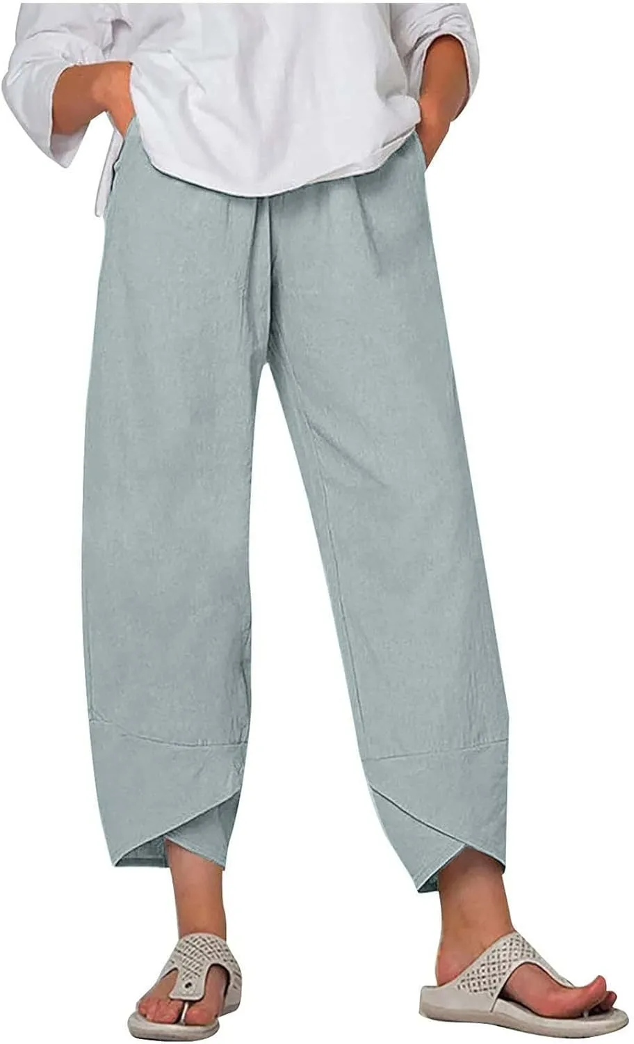 SMIDOW Capri Pants for Women Cotton Linen Wide Leg Capris Casual Summer Cropped Pants Beach Elastic Waist Baggy Crop Trousers
