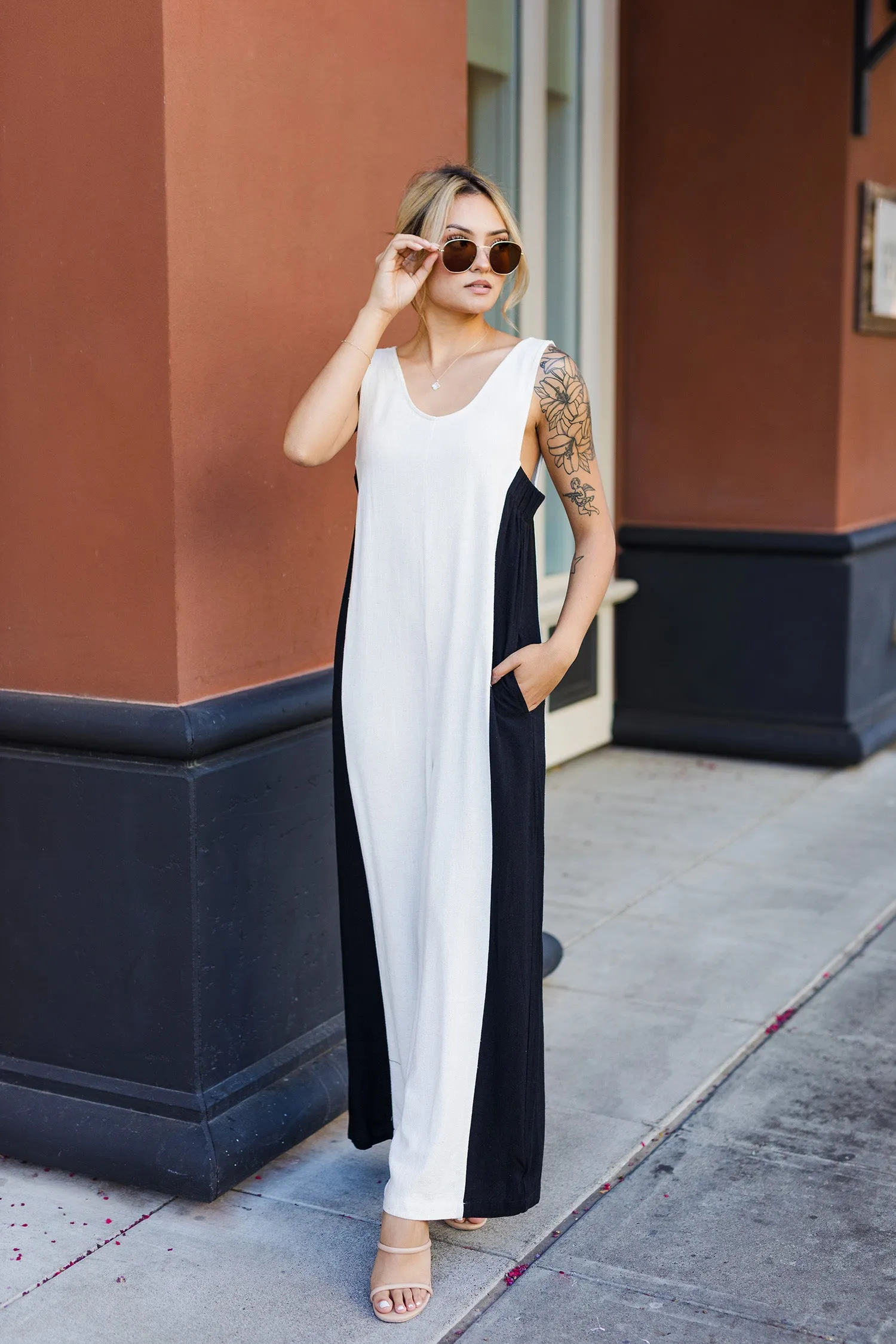 The Perdita Black and Tan Wide Leg Jumpsuit