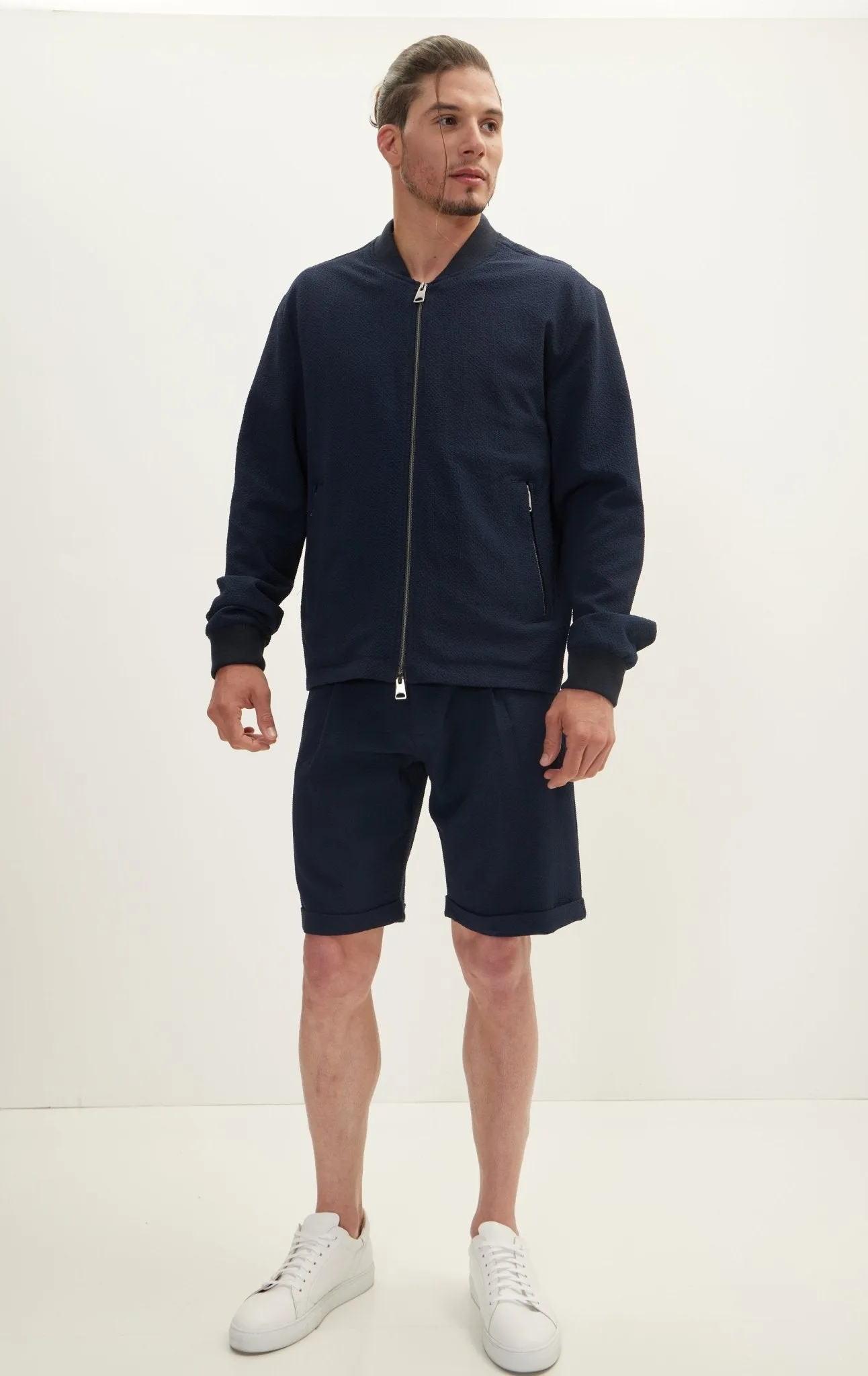 Waffle Stretch Beach Day Bomber Jacket - Navy