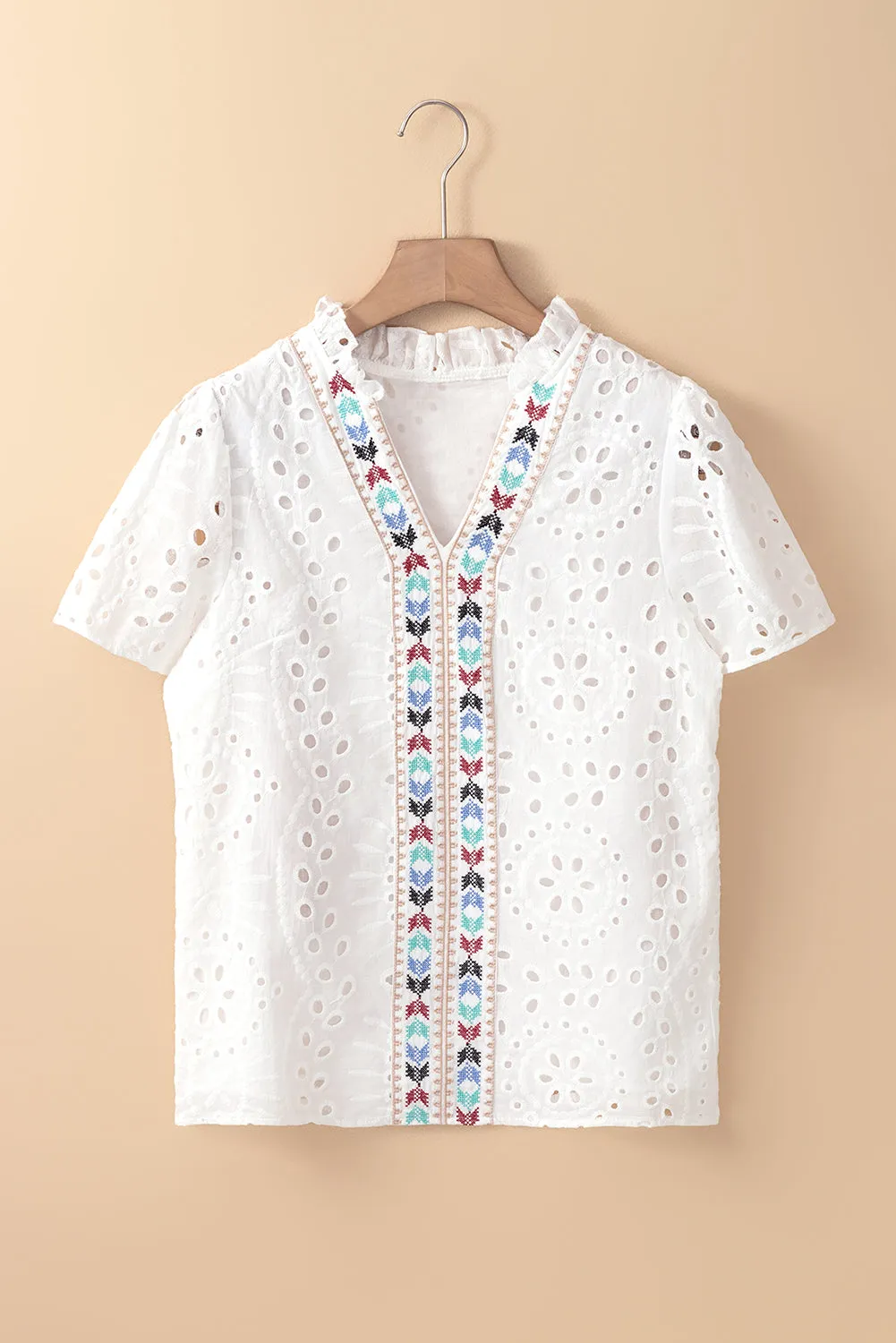 White Boho Geometric Pattern V Neck Cut-out Blouse