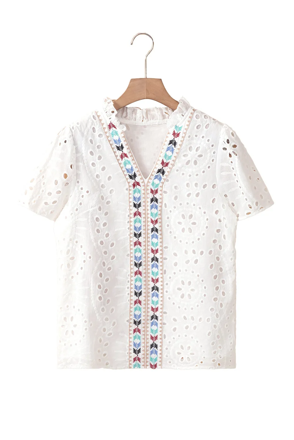White Boho Geometric Pattern V Neck Cut-out Blouse
