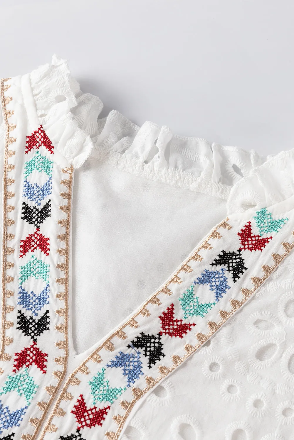 White Boho Geometric Pattern V Neck Cut-out Blouse