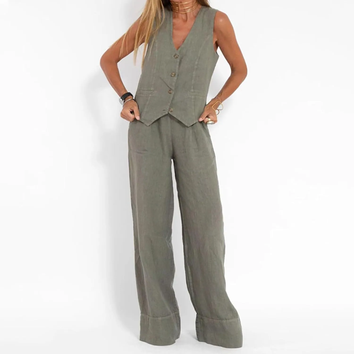 Women Two Piece Outfits Button V Neck Vest Top Blazer Wide Leg Pants Suit Business Summer Lounge Matching Set