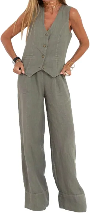 Women Two Piece Outfits Button V Neck Vest Top Blazer Wide Leg Pants Suit Business Summer Lounge Matching Set