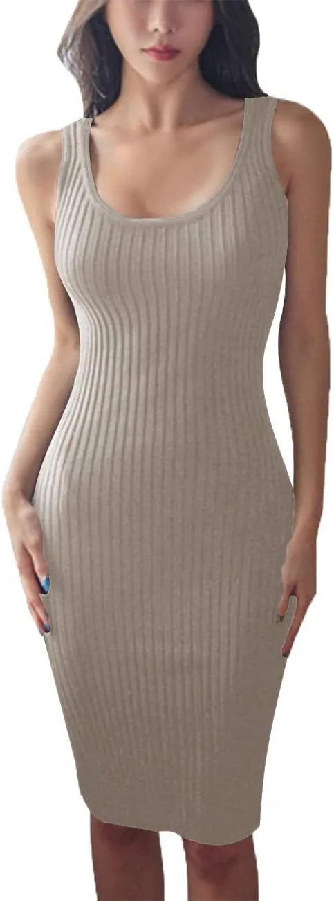 Women's Basic Ribbed Sundress Stretchy Bodycon Casual Midi Tank Dress