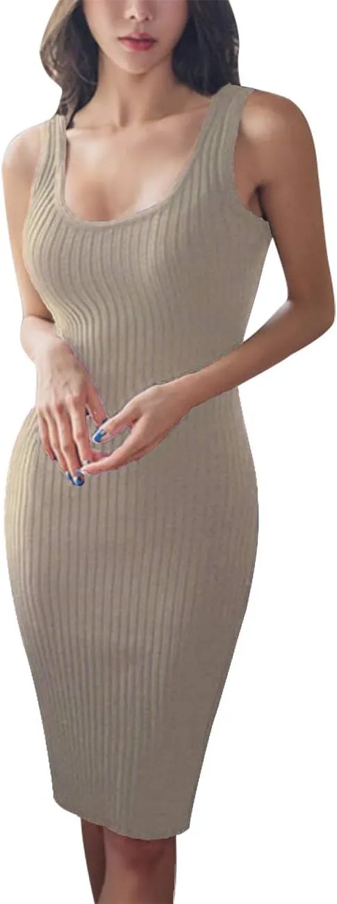 Women's Basic Ribbed Sundress Stretchy Bodycon Casual Midi Tank Dress