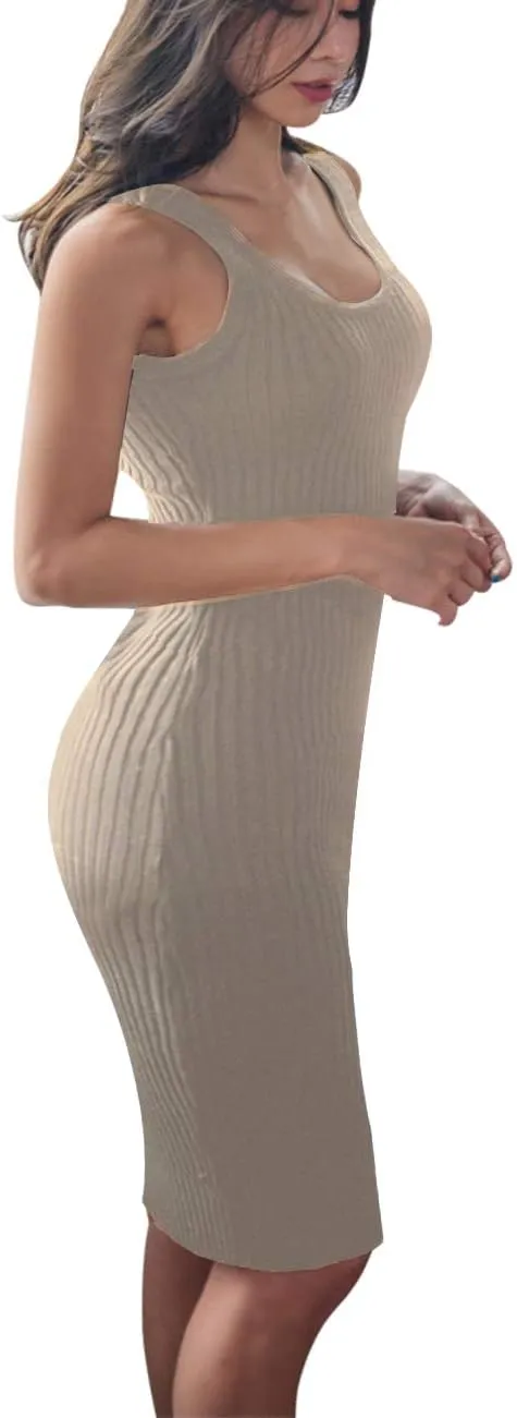 Women's Basic Ribbed Sundress Stretchy Bodycon Casual Midi Tank Dress