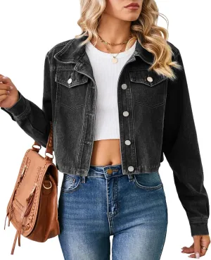 Women's Denim Jackets Long Sleeve Button Down Short Denim-Jacket Classic Cropped Jean Jacket with Pockets