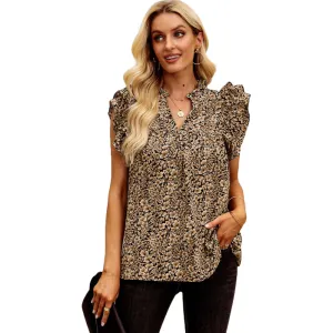Women's Elegant Casual Floral V-Neck Ruffle Blouse Top for Summer-Khaki