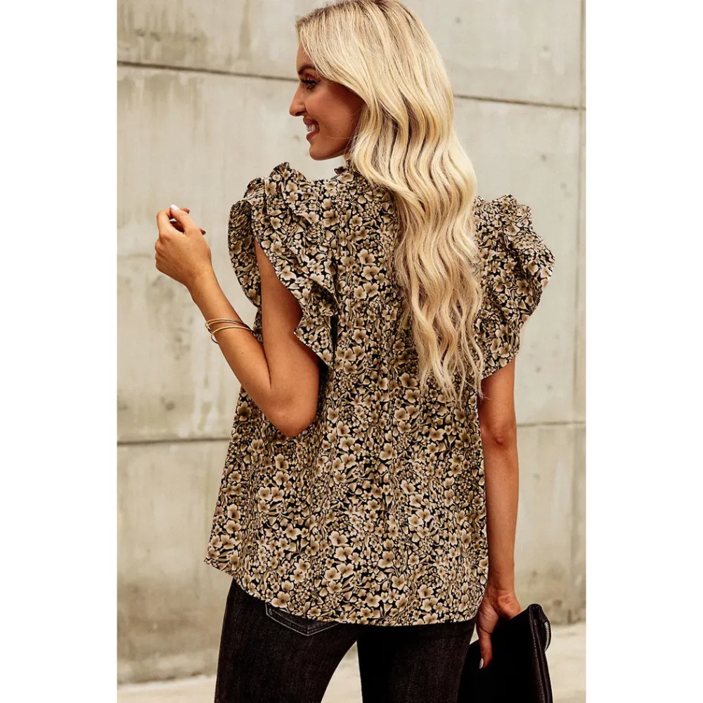 Women's Elegant Casual Floral V-Neck Ruffle Blouse Top for Summer-Khaki