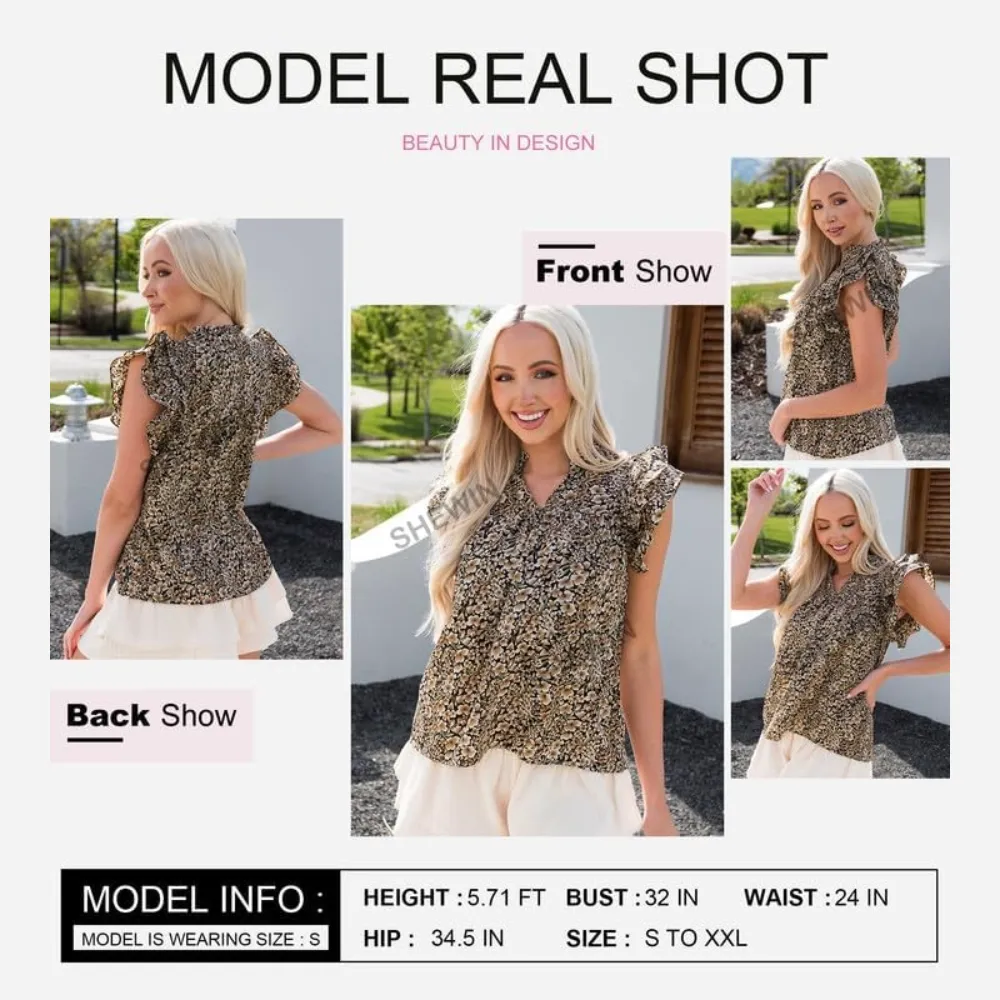 Women's Elegant Casual Floral V-Neck Ruffle Blouse Top for Summer-Khaki