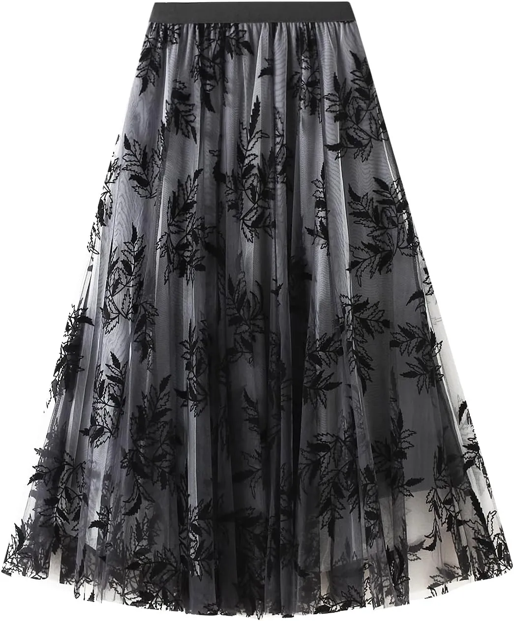 Women's Midi Length Skirt Layered Tulle A Line Skirts Embroidery/Floral Print Elastic Waist