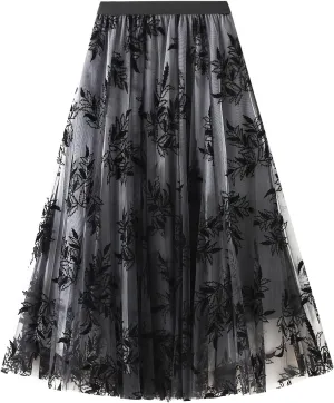 Women's Midi Length Skirt Layered Tulle A Line Skirts Embroidery/Floral Print Elastic Waist