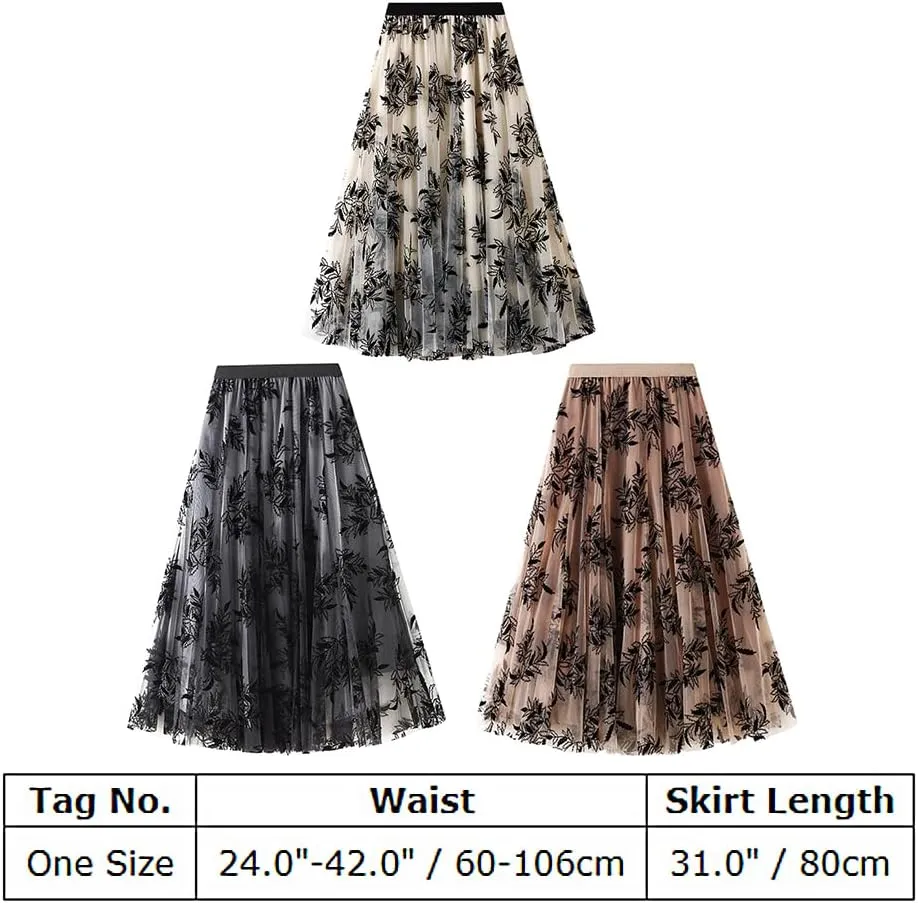 Women's Midi Length Skirt Layered Tulle A Line Skirts Embroidery/Floral Print Elastic Waist