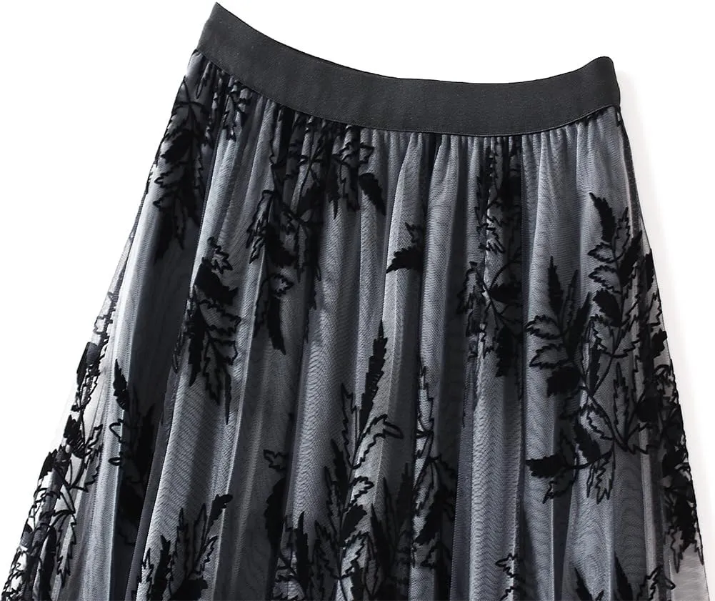 Women's Midi Length Skirt Layered Tulle A Line Skirts Embroidery/Floral Print Elastic Waist