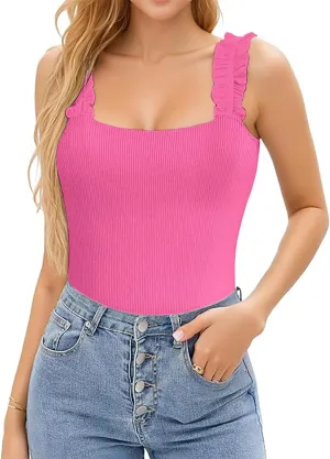 Womens Tank Tops Square Neck Ribbed Knit Camisole Sleeveless Basic Tops
