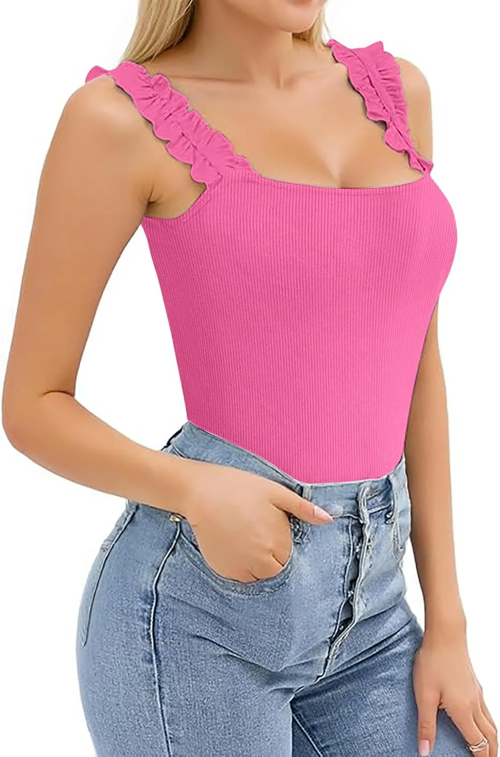 Womens Tank Tops Square Neck Ribbed Knit Camisole Sleeveless Basic Tops