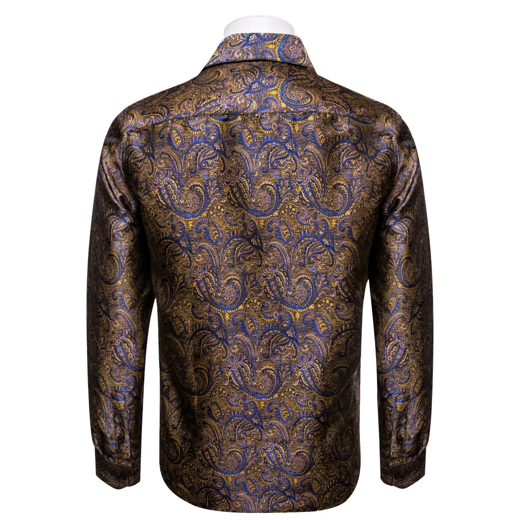 YourTies Long Shirt Brown Blue Yellow Jacquard Button Silk Dress Shirt