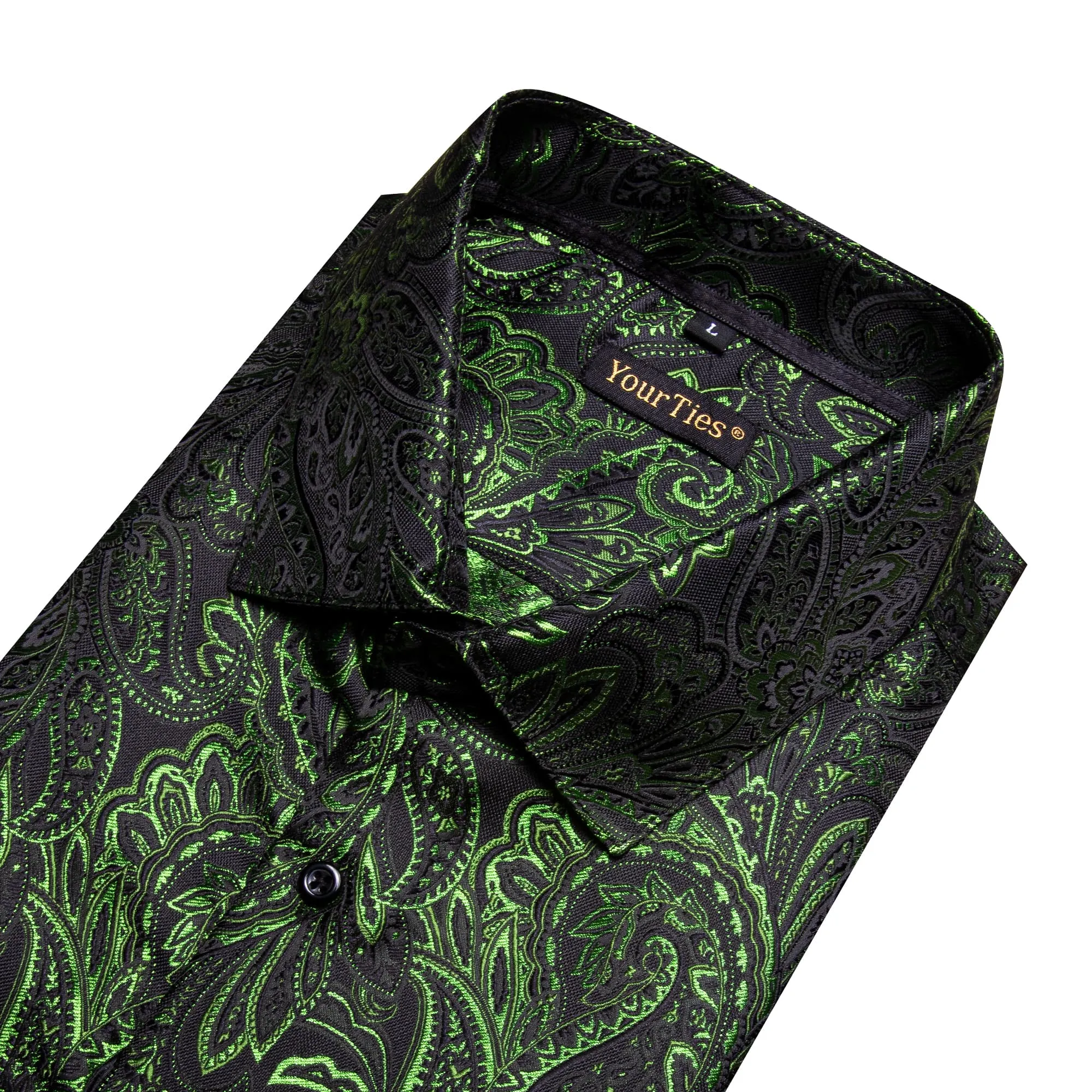 YourTies Olive Green Paisley Silk Shirt Men's Long Sleeve Dress Shirt