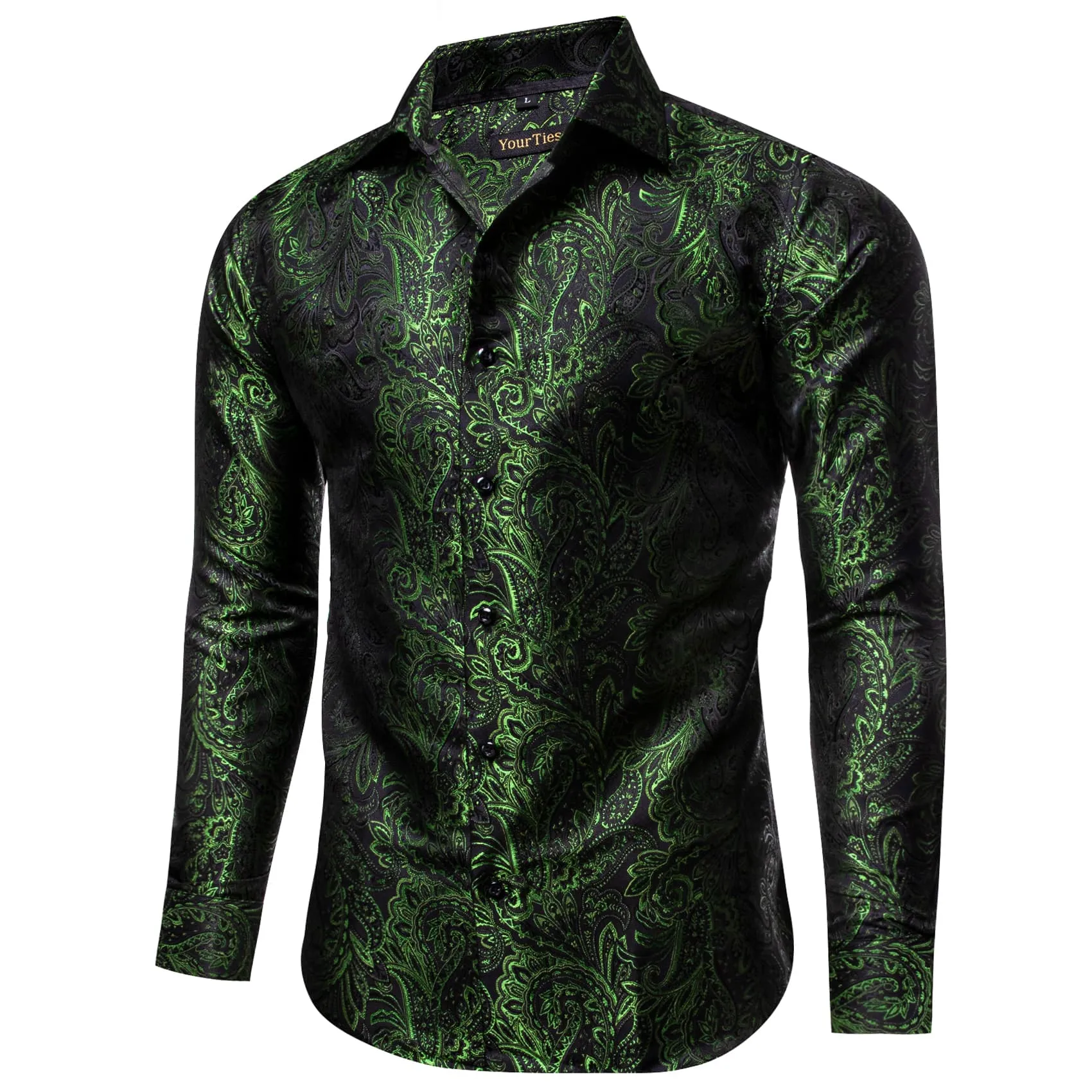YourTies Olive Green Paisley Silk Shirt Men's Long Sleeve Dress Shirt
