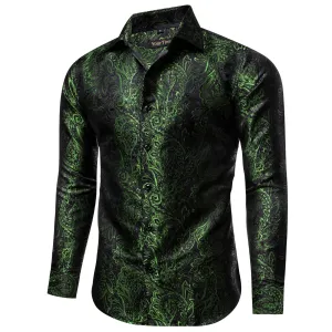 YourTies Olive Green Paisley Silk Shirt Men's Long Sleeve Dress Shirt