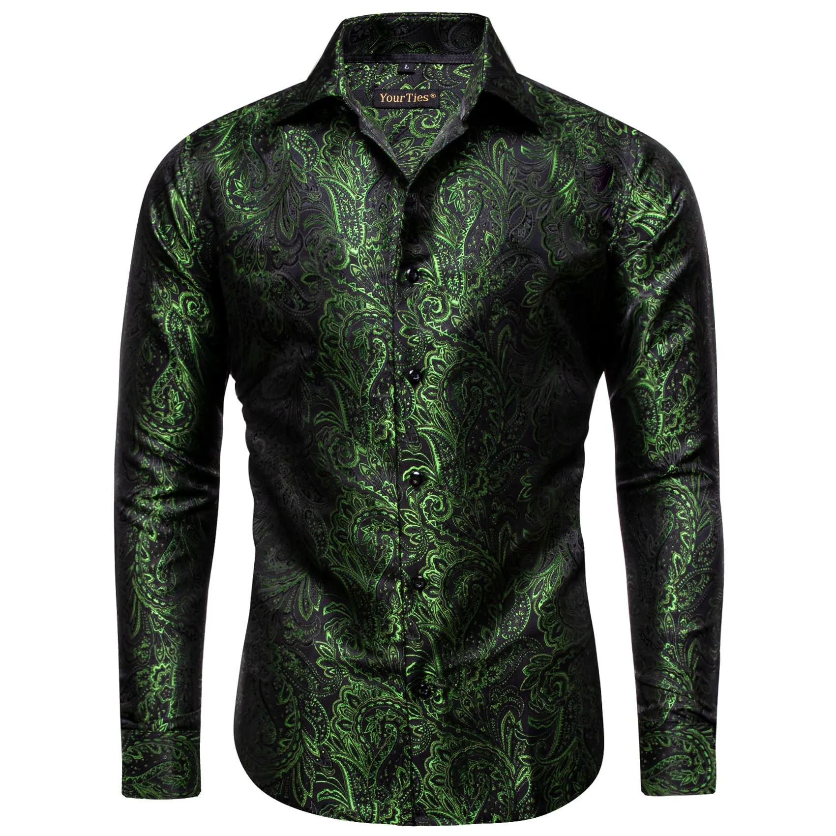 YourTies Olive Green Paisley Silk Shirt Men's Long Sleeve Dress Shirt